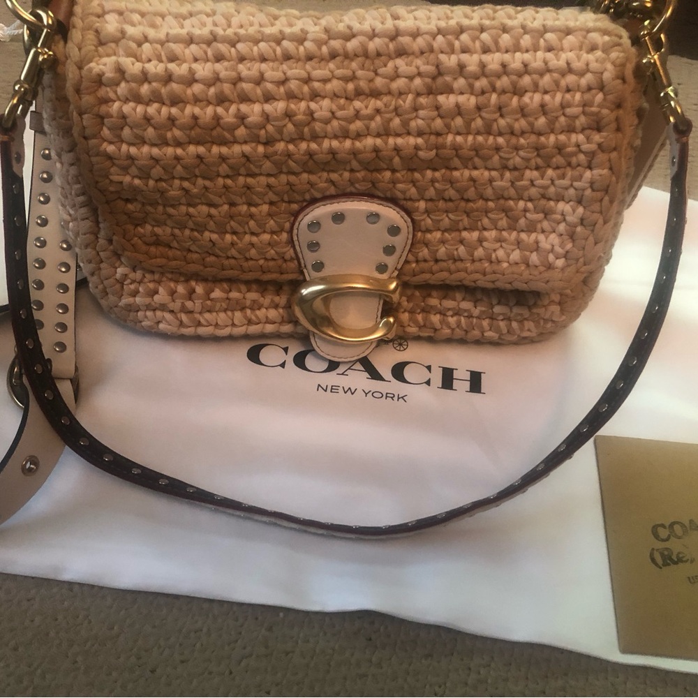 NWT Coach Re Loved Upcrafted Tan crochet Shoulder Bag with Leather Trim
